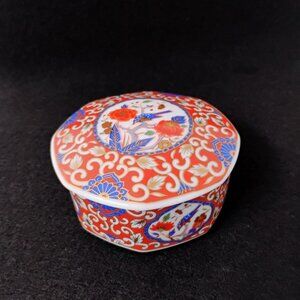 Vintage Japanese Imari Trinket Box Takahashi Kingfisher Bird Flowers Floral 3.5"